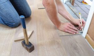 Tile flooring installation in progress